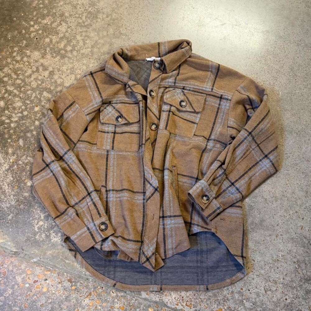 Mainstrip women’s brown plaid flannel shacket Size M #flannel #grunge